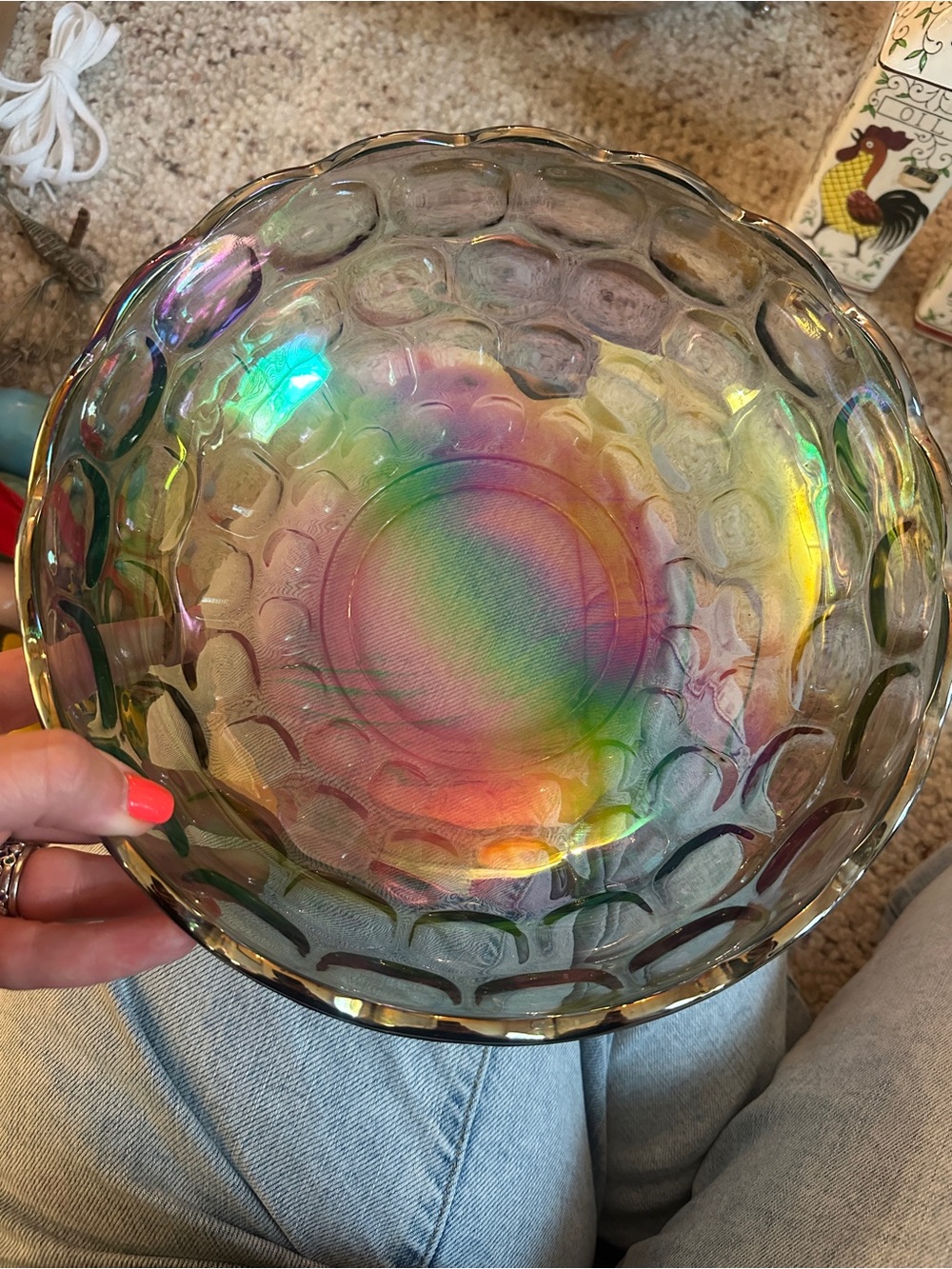 Federal Glass Colonial Smoke Iridescent Carnival Glass bowl in the "Thumbprint"